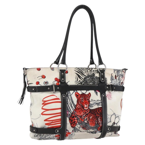 Salvatore Ferragamo Animal Pattern Tote Bag Nylon White Silver Auth yk19901