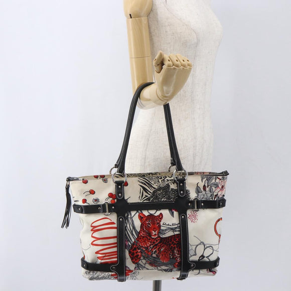 Salvatore Ferragamo Animal Pattern Tote Bag Nylon White Silver Auth yk19901