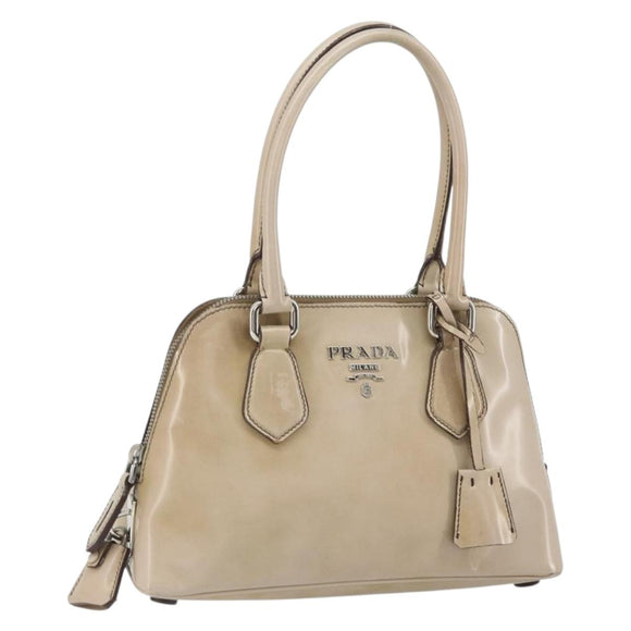 PRADA Hand Bag Patent leather Beige Silver Auth yk19956