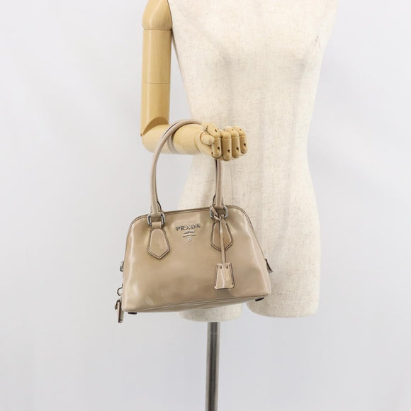 PRADA Hand Bag Patent leather Beige Silver Auth yk19956