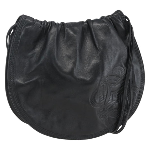 LOEWE Anagram Shoulder Bag Leather Black Gold Auth yk19995