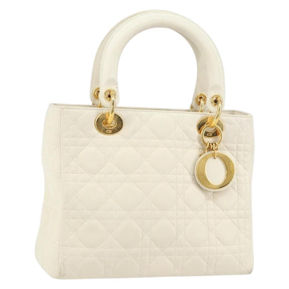 Christian Dior Canage Hand Bag Lamb Skin White Gold Auth yk20018