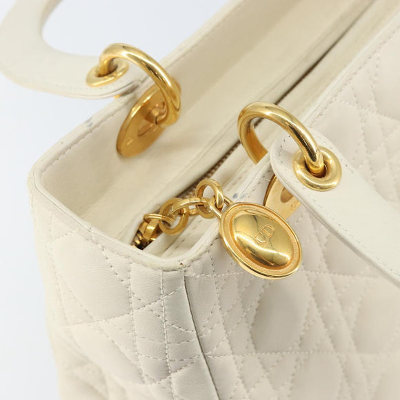 Christian Dior Canage Hand Bag Lamb Skin White Gold Auth yk20018