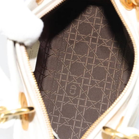 Christian Dior Canage Hand Bag Lamb Skin White Gold Auth yk20018