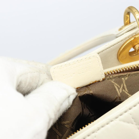 Christian Dior Canage Hand Bag Lamb Skin White Gold Auth yk20018