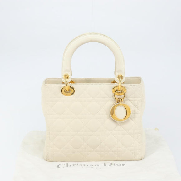 Christian Dior Canage Hand Bag Lamb Skin White Gold Auth yk20018