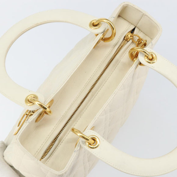 Christian Dior Canage Hand Bag Lamb Skin White Gold Auth yk20018