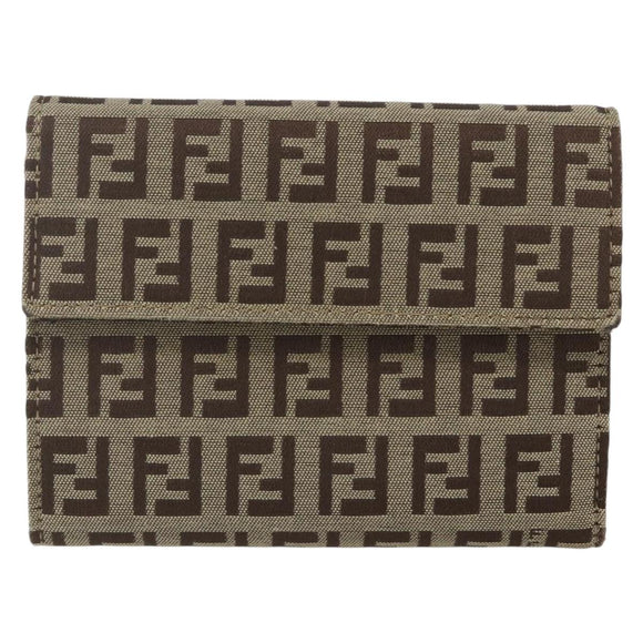 FENDI Zucchino Canvas Compact Wallet Beige Brown Auth yk20041V