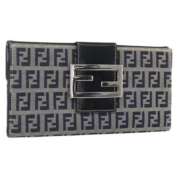 FENDI Zucchino Canvas Long Wallet Navy Silver Auth yk20081