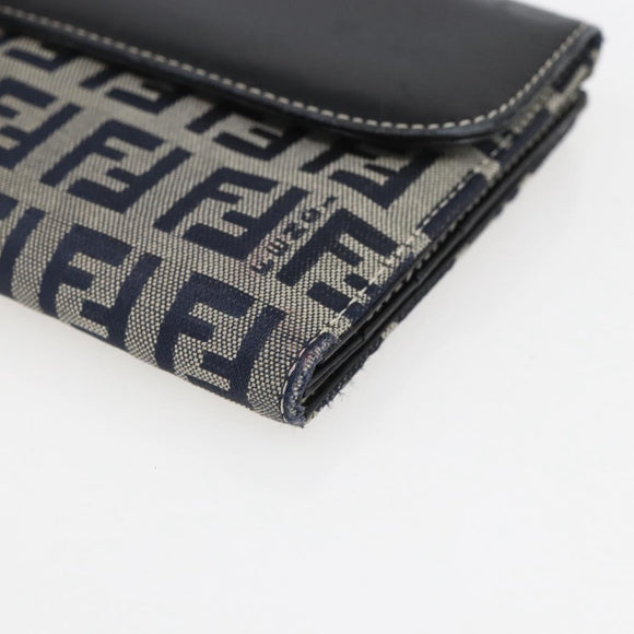 FENDI Zucchino Canvas Long Wallet Navy Silver Auth yk20081