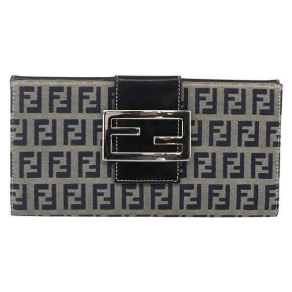 FENDI Zucchino Canvas Long Wallet Navy Silver Auth yk20081