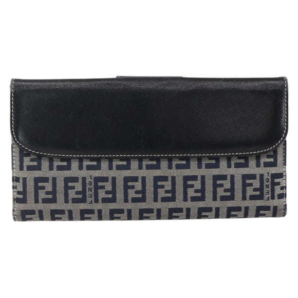 FENDI Zucchino Canvas Long Wallet Navy Silver Auth yk20081