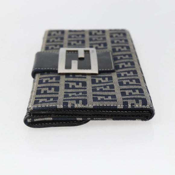 FENDI Zucchino Canvas Long Wallet Navy Silver Auth yk20081