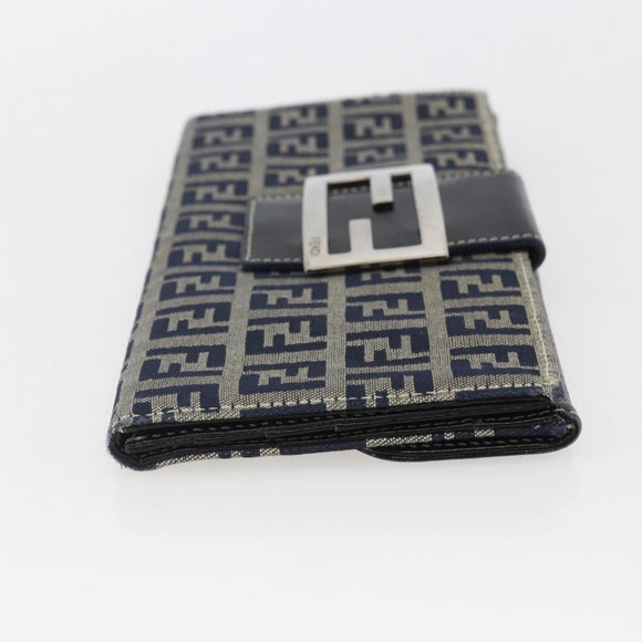 FENDI Zucchino Canvas Long Wallet Navy Silver Auth yk20081