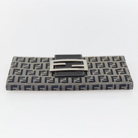 FENDI Zucchino Canvas Long Wallet Navy Silver Auth yk20081