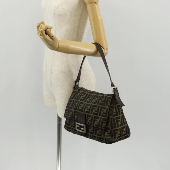 FENDI Zucca Canvas Mamma Baguette Shoulder Bag Black Brown Auth yk20092V