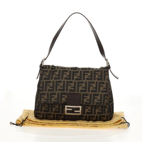 FENDI Zucca Canvas Mamma Baguette Shoulder Bag Black Brown Auth yk20092V