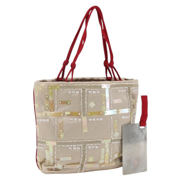 PRADA beads Hand Bag Satin Beige Red Auth yk20108V
