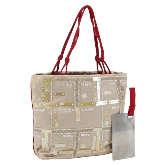 PRADA beads Hand Bag Satin Beige Red Auth yk20108V