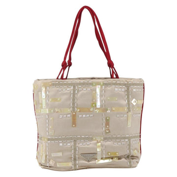 PRADA beads Hand Bag Satin Beige Red Auth yk20108V - 0