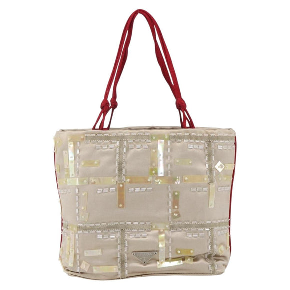 PRADA beads Hand Bag Satin Beige Red Auth yk20108V