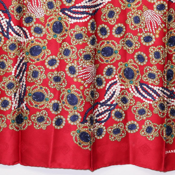 CHANEL Scarf Silk Red CC Auth yk20114