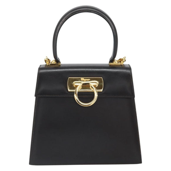 Salvatore Ferragamo Gancini Hand Bag Leather 2way Dark Brown Gold Auth yk20123