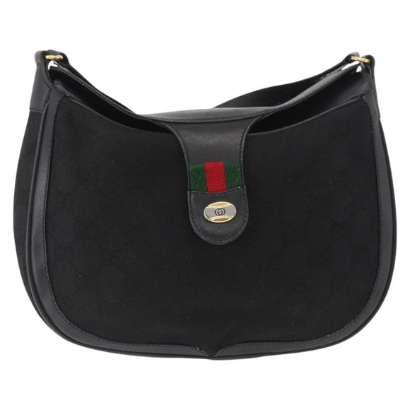 GUCCI GG Canvas Web Sherry Line Shoulder Bag Black Gold 10 02 056 Auth yk20193A