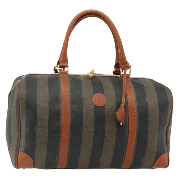 FENDI Pecan Canvas Boston Bag PVC Brown Black Auth yk20237