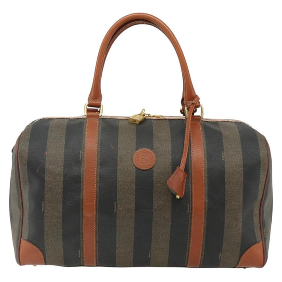 FENDI Pecan Canvas Boston Bag PVC Brown Black Auth yk20237