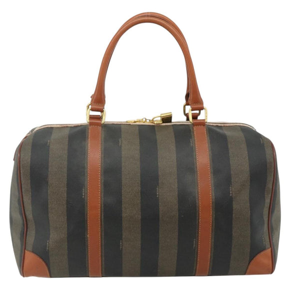 FENDI Pecan Canvas Boston Bag PVC Brown Black Auth yk20237