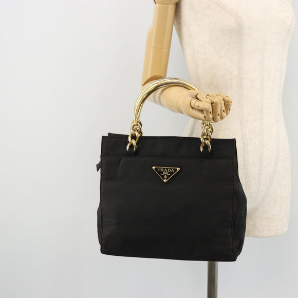 PRADA Hand Bag Nylon Black Gold Auth yk20281