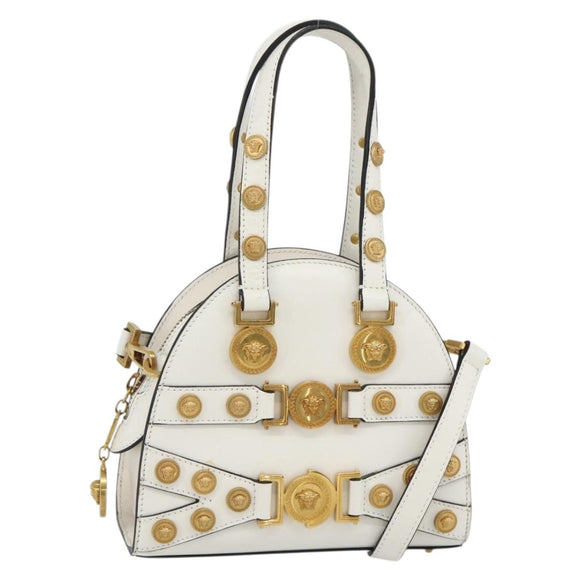 VERSACE Hand Bag Leather 2way White Gold Auth yk20316A