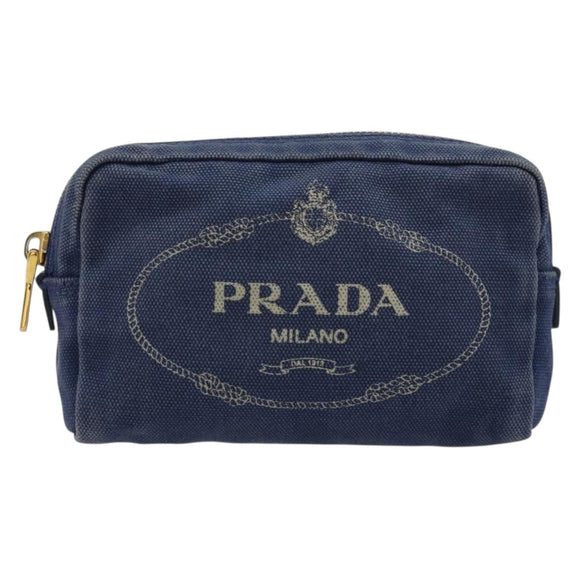 PRADA Pouch Canvas Navy Gold Auth yk20322