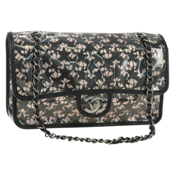 CHANEL Stern Verschluss Kette Handtasche Vinyl Schwarz Silber CC Auth yk20372SAV