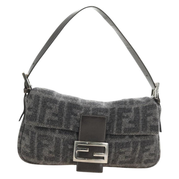 FENDI Zucca Canvas Mamma Baguette Shoulder Bag Wool Gray Silver Auth yk20376SAV