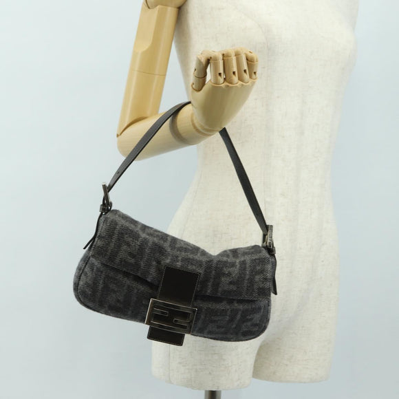 FENDI Zucca Canvas Mamma Baguette Shoulder Bag Wool Gray Silver Auth yk20376SAV