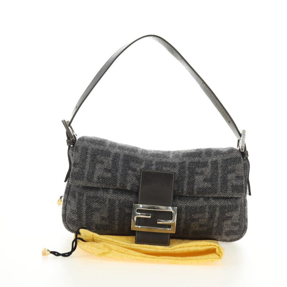 FENDI Zucca Canvas Mamma Baguette Shoulder Bag Wool Gray Silver Auth yk20376SAV