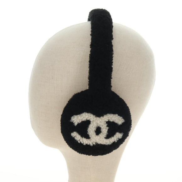 CHANEL COCO Mark Earmuffs Fabric Cap Wool Black White CC Auth yk20385SAV