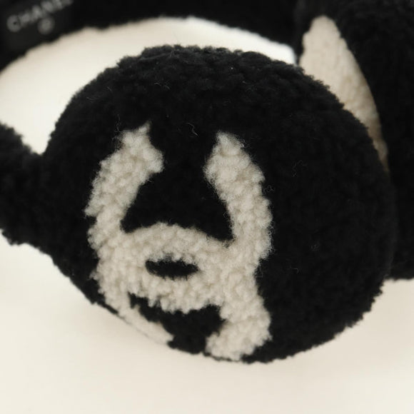 CHANEL COCO Mark Earmuffs Fabric Cap Wool Black White CC Auth yk20385SAV