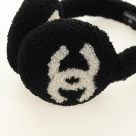 CHANEL COCO Mark Earmuffs Fabric Cap Wool Black White CC Auth yk20385SAV
