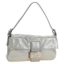 FENDI Rhinestone Mamma Baguette Shoulder Bag Leather Silver Auth yk20386SM-1