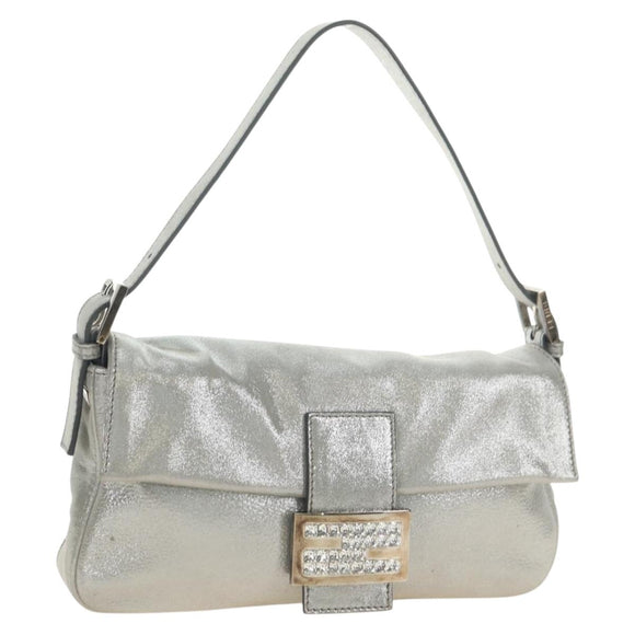 FENDI Rhinestone Mamma Baguette Shoulder Bag Leather Silver Auth yk20386SM