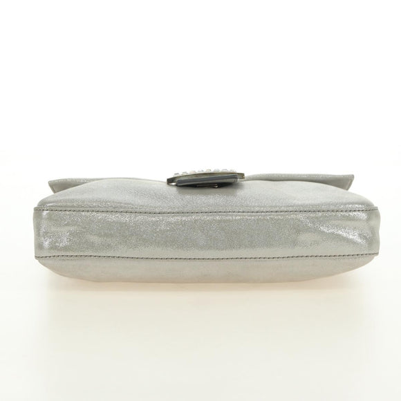FENDI Rhinestone Mamma Baguette Shoulder Bag Leather Silver Auth yk20386SM
