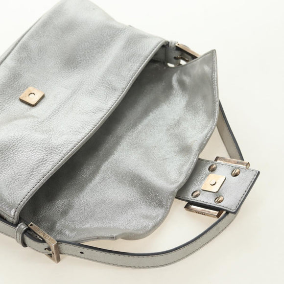 FENDI Rhinestone Mamma Baguette Shoulder Bag Leather Silver Auth yk20386SM