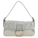 FENDI Rhinestone Mamma Baguette Shoulder Bag Leather Silver Auth yk20386SM-13