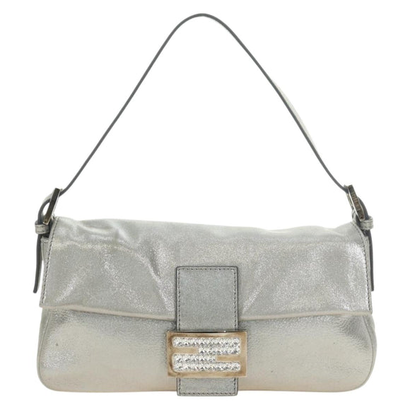 FENDI Rhinestone Mamma Baguette Shoulder Bag Leather Silver Auth yk20386SM