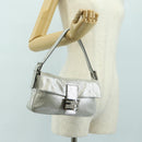 FENDI Rhinestone Mamma Baguette Shoulder Bag Leather Silver Auth yk20386SM-28
