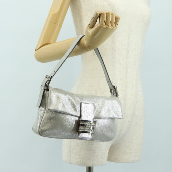 FENDI Rhinestone Mamma Baguette Shoulder Bag Leather Silver Auth yk20386SM