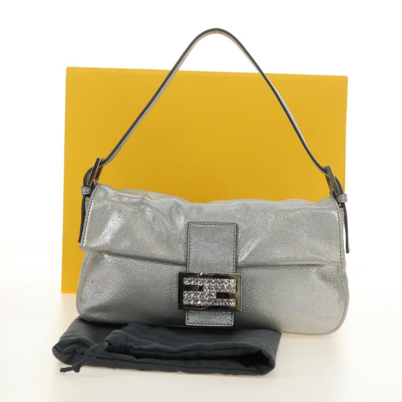 FENDI Rhinestone Mamma Baguette Shoulder Bag Leather Silver Auth yk20386SM